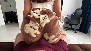 Humping! perfect Morning with stepsister in plush Pajamas ,I fucked her pussy and cumshot on perfect ass