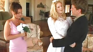Bride, groom and bridesmaid in furious threesome fucking