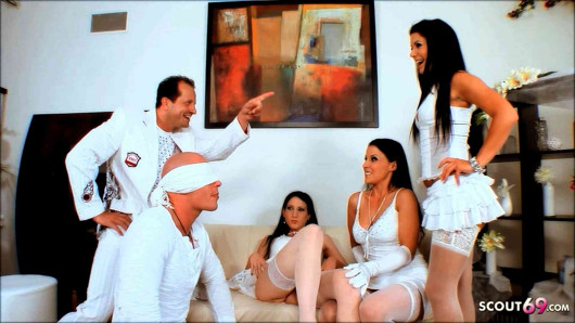 His best Friend suprise him to first Anal and DP Group Sex with three sexy black hair Girls