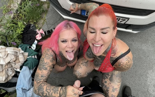 Two Horny Leather Tattoo Sluts Fuck Truck Driver at the Rest Area!