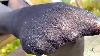 Black Pantyhose Feet Rubbing - Outdoor Nylon Soles Tease After the Climb - Part-1