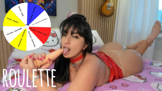 Wheel of Sex Jerk Off Game Hot Brunette in Latex Outfit Teasing Titsfuck Wearing a Buttplug Anal Sex
