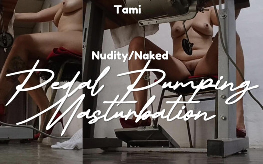 Completely Naked, Wearing Only Stiletto Heels, Pumping the Pedal of a Sewing Machine